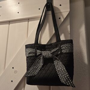 Black Quilted Tote Bag with Polka Dot Bow | Small Everyday Shoulder Bag